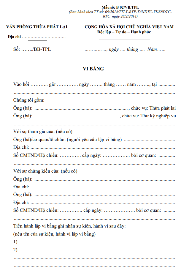 Mẫu vi bằng của văn phòng thừa phát lại
